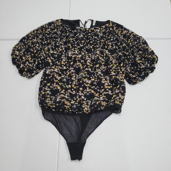 Intimately Free People Bodysuit Womens Large Black Floral Puff Sleeve Ruched - Picture 1 of 12